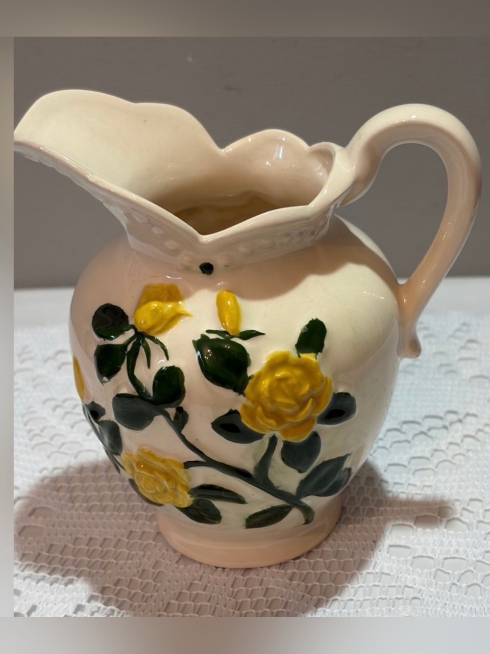 Vintage Hand Painted Ceramic Floral Pitcher - Yellow Rose Water Jug